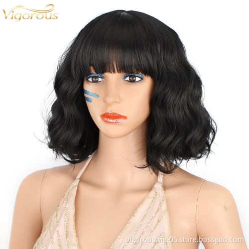 Top Sale Vendor Short Wavy Wig Bangs Synthetic Wigs for Women Natural Color Hair Bob Wigs Heat Resistant Fiber